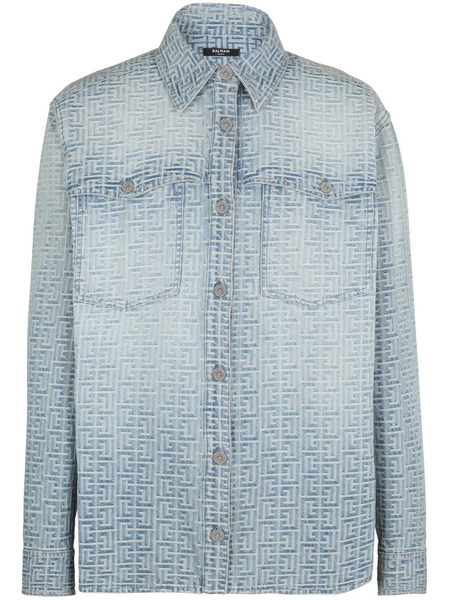  Balmain Monogram-jacquard Cotton Shirt - Blue 