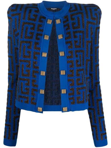  Balmain Monogram Jacquard Cropped Jacket - Blue 