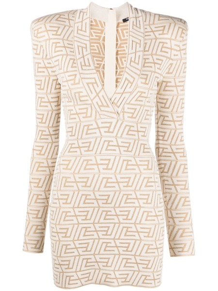  Balmain Monogram-jacquard Mini Dress - Neutrals 