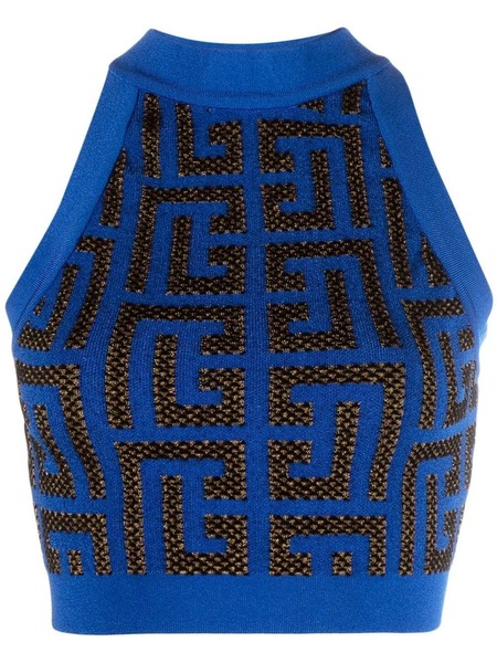  Balmain Monogram Knit Crop Top - Blue 