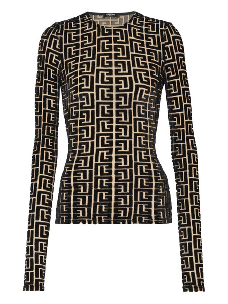  Balmain Monogram-pattern Velvet Top - Black 