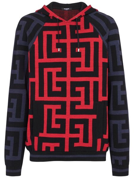  Balmain Monogram-print Drawstring Hoodie - Blue 