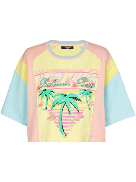  Balmain Palm Tree-print Cropped T-shirt - Yellow 