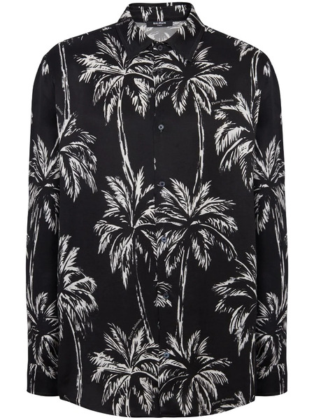  Balmain Palm Tree-print Satin Shirt - Black 