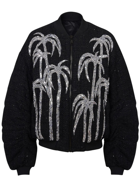  Balmain Palm Tree-print Tweed Bomber Jacket - Black 