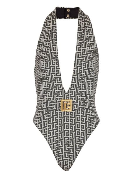  Balmain Pb Labyrinth-print Swimsuit - Grey 