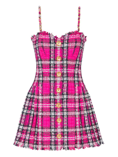  Balmain Plaid-check Chain-strap Dress - Pink 