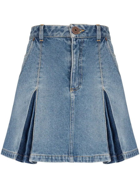  Balmain Pleated Denim Skirt - Blue 