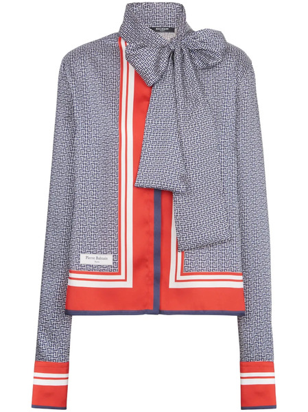  Balmain Pussy-bow Monogram-printed Shirt - Blue 