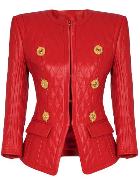  Balmain Quilted Leather Jacket - Red 
