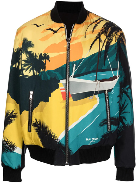  Balmain Reversible Tropical Print Bomber Jacket - Blue 