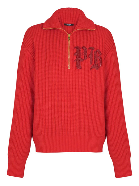  Balmain Ribbed Turtleneck Half-zip Sweater - Red 