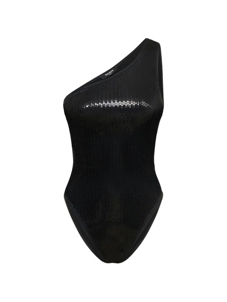  Balmain Sequined One-shoulder Swimsuit - Black 
