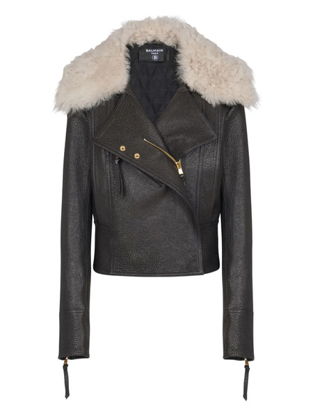  Balmain Shearling-collar Lambskin Biker Jacket - Black 