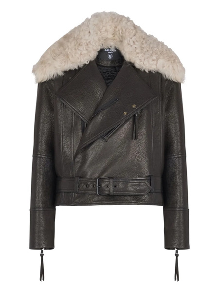  Balmain Shearling-collar Leather Jacket - Black 