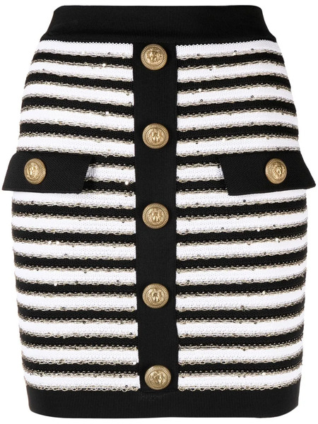  Balmain Striped Button-embellished Skirt - Black 