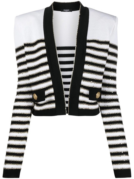  Balmain Striped Cropped Jacket - White 