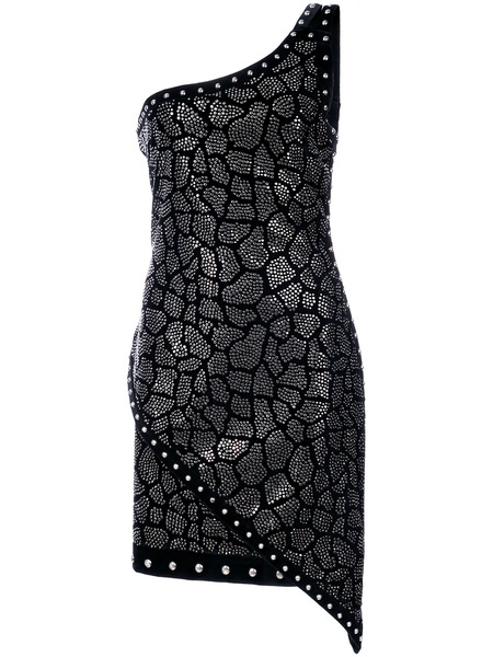  Balmain Studded One-shoulder Mini Dress - Black 