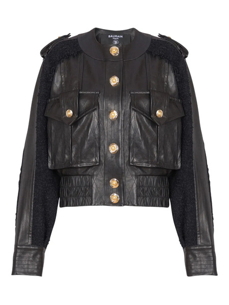  Balmain Tweed-panel Leather Bomber Jacket - Black 