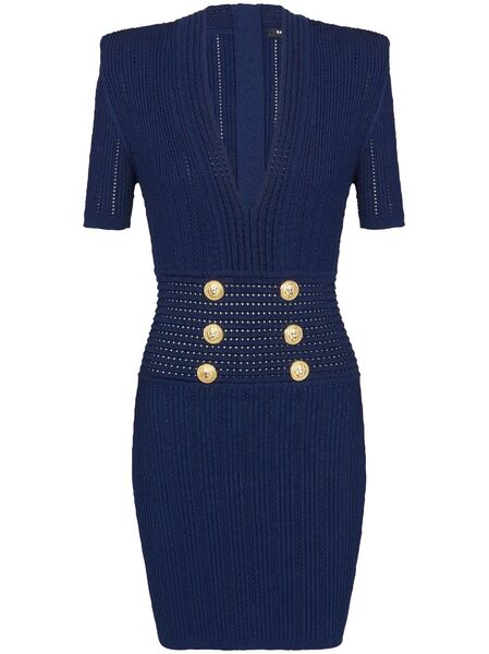  Balmain V-neck Knitted Dress - Blue 