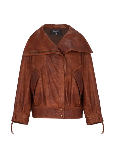  Balmain Zip Lambskin Bomber Jacket - Brown 