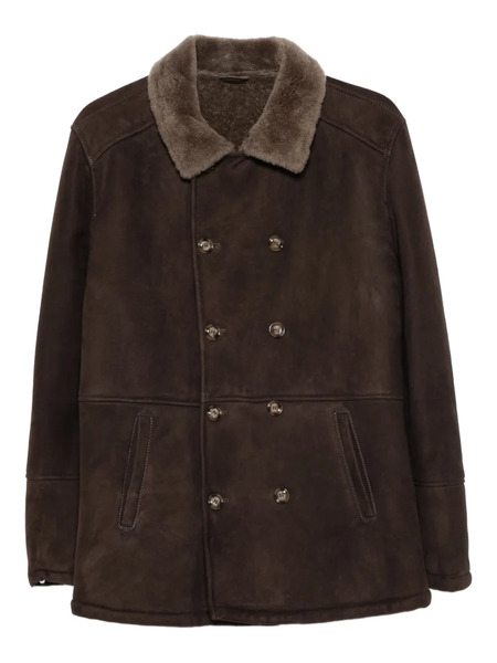  Barba Double-breasted Fur-collar Jacket - Brown 