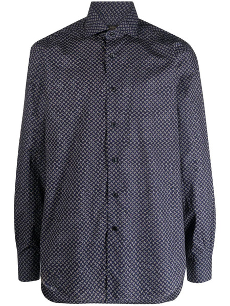  Barba Geometric Micro-pattern Shirt - Blue 