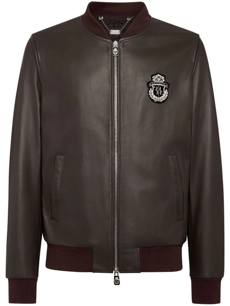  Billionaire Logo-patch Leather Bomber Jacket - Brown 