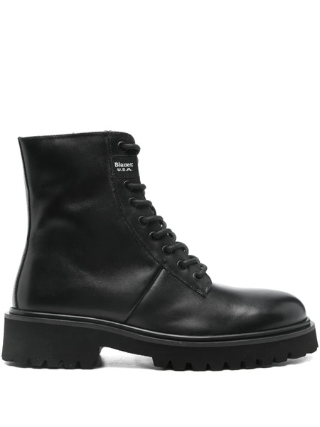  Blauer Lace-up Leather Biker Boots - Black 