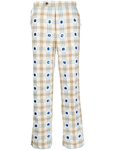  Bode Embellished Checked Straight-leg Trousers - White 