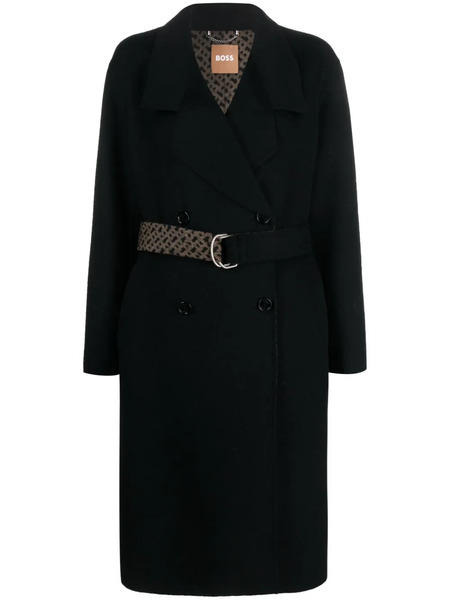  Boss Monogram-jacquard Belt Wool-blend Coat - Black 