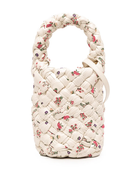  Bottega Veneta Pre-owned 2021-2025 Small Floral Printed Leather Intrecciato Kalimero Bucket Bag Satchel - White 