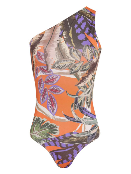  Brigitte  One-shoulder Leaf-print Swimsuit - Orange 