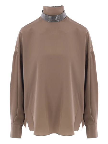  Brunello Cucinelli Beaded-neck High-neck Blouse - Neutrals 