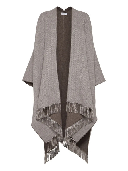  Brunello Cucinelli Herringbone-pattern Fringed Poncho - Brown 
