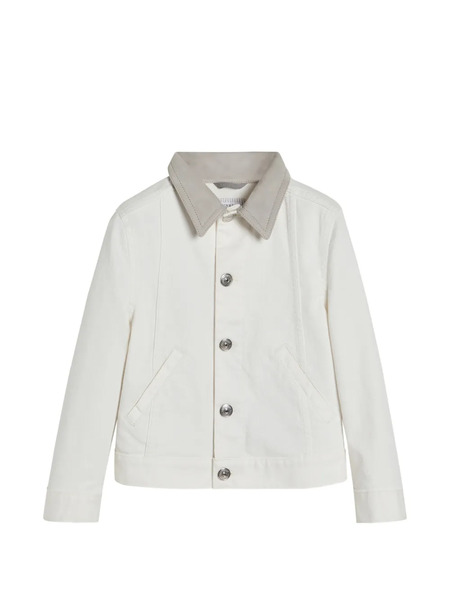  Brunello Cucinelli Kids Garment-dyed Outerwear Jacket In Comfort Cotton Lightweight Denim With Suede Collar - White 