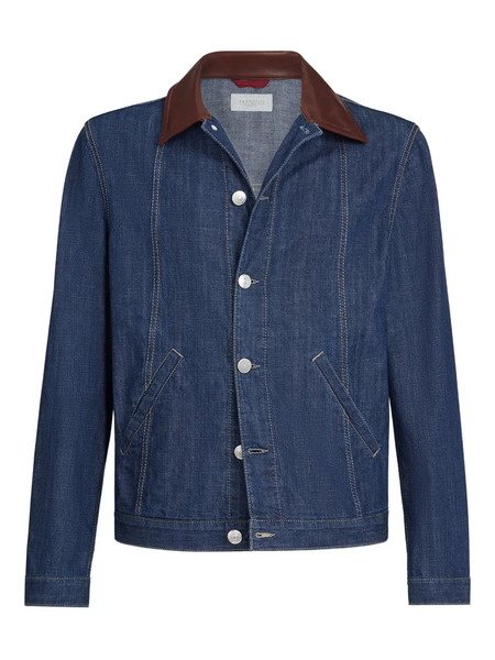  Brunello Cucinelli Leather Collar Denim Jacket - Blue 