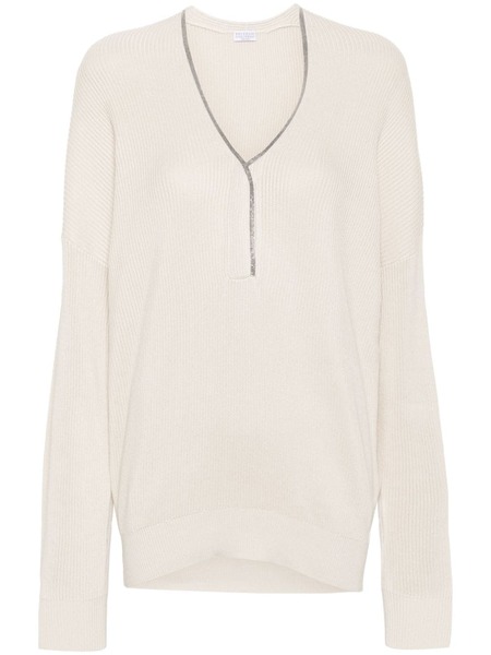  Brunello Cucinelli Monili-chain Ribbed Jumper - Neutrals 