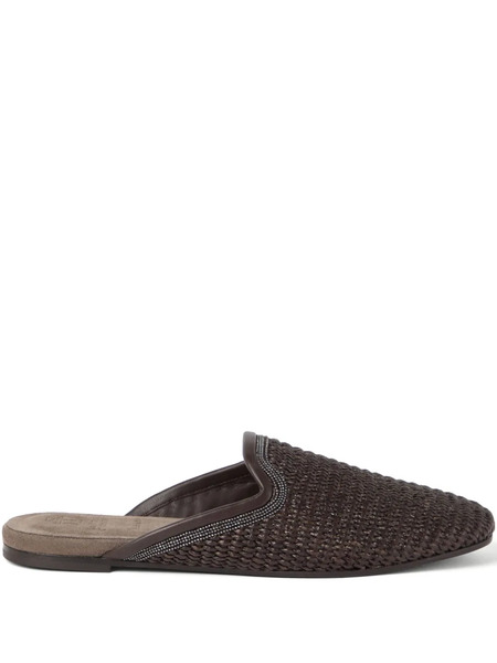  Brunello Cucinelli Monili-embellished Raffia Slippers - Brown 