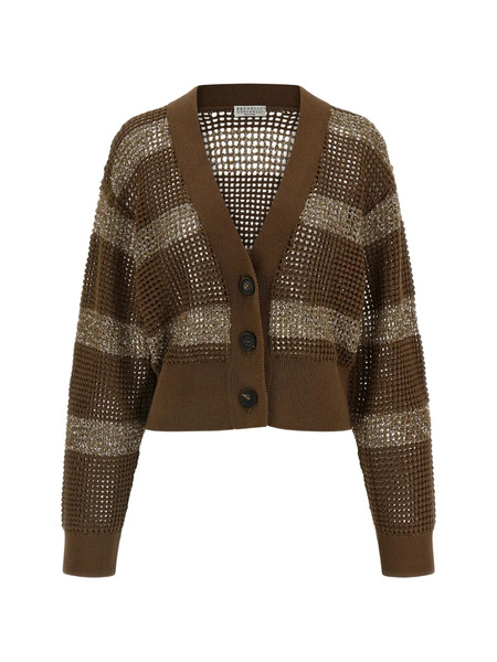  Brunello Cucinelli Open-knit Striped Cardigan - Brown 