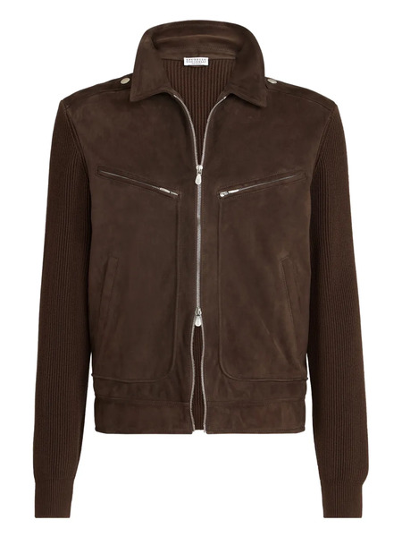  Brunello Cucinelli Ribbed-knit Suede Jacket - Brown 