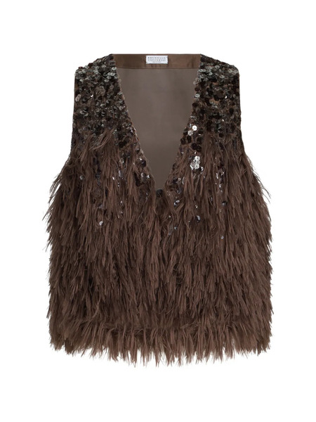  Brunello Cucinelli Sequin Fringed Vest - Brown 