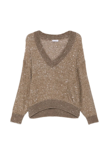  Brunello Cucinelli Sequin V-neck Sweater - Brown 