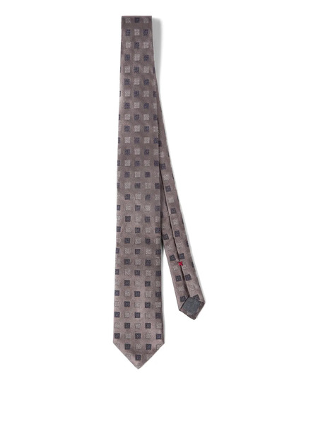  Brunello Cucinelli Squares Pattern Silk Tie - Brown 