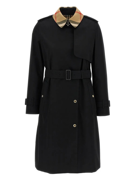  Burberry Check Pattern-collar Belted Trench Coat - Black 