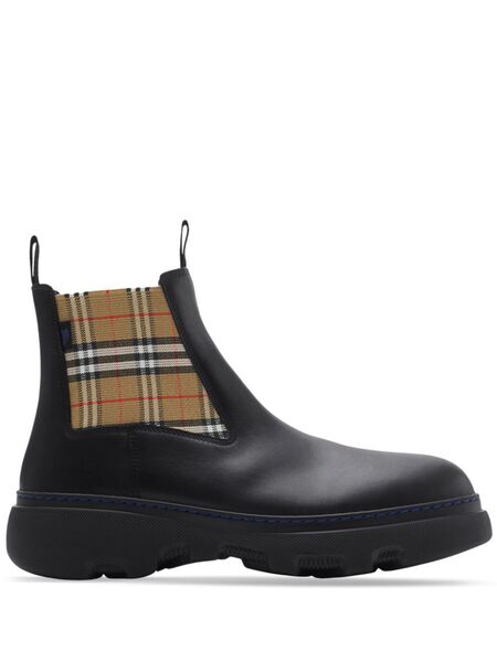  Burberry Check Pattern Leather Boots - Black 