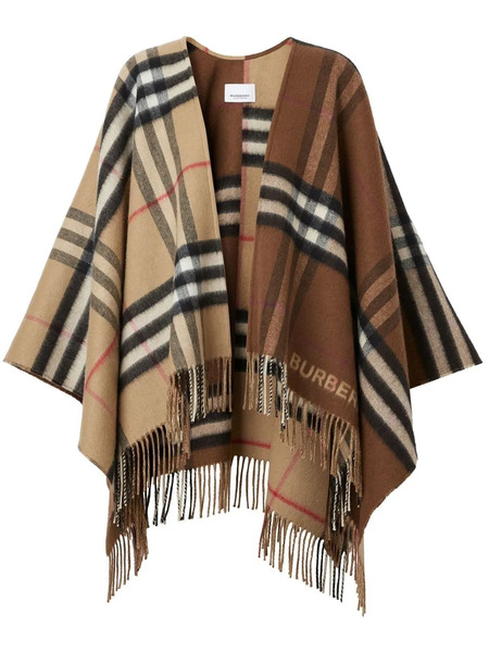  Burberry Contrast Check Fringed Cape - Brown 