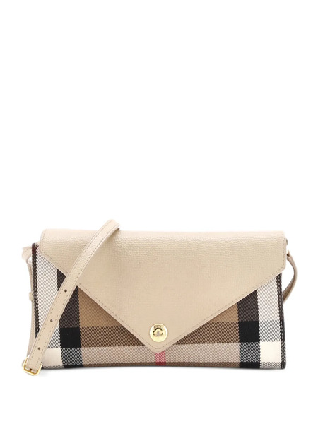  Burberry Pre-owned Hannah Envelope Wallet On Strap Leather And House Check Canvas Crossbody Bag - Brown 