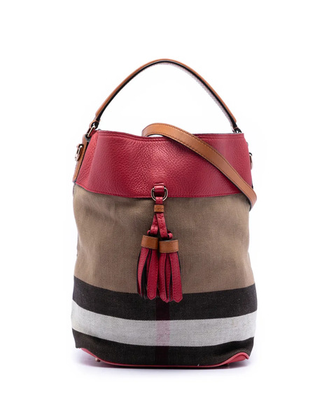  Burberry Pre-owned 2000-2017 Medium Mega Check Canvas And Grained Calfskin Ashby Tassel Bucket Bag Satchel - Brown 