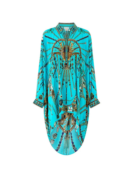  Camilla Draped Button-up Top Kaftan - Blue 